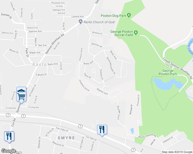 map of restaurants, bars, coffee shops, grocery stores, and more near 3204 Denali Court in Gastonia