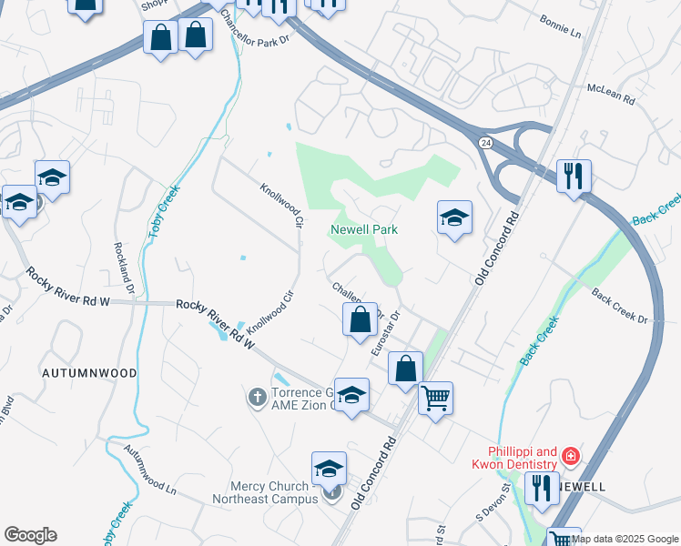 map of restaurants, bars, coffee shops, grocery stores, and more near 2712 Old Ironside Drive in Charlotte