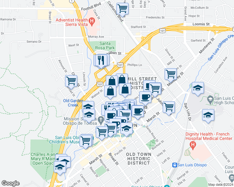 map of restaurants, bars, coffee shops, grocery stores, and more near 1035 Peach Street in San Luis Obispo