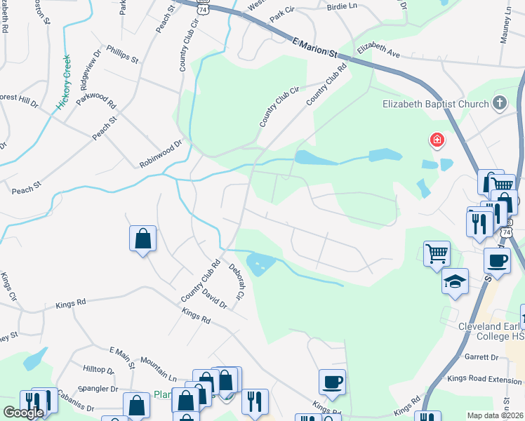 map of restaurants, bars, coffee shops, grocery stores, and more near 1703 Country Garden Drive in Shelby