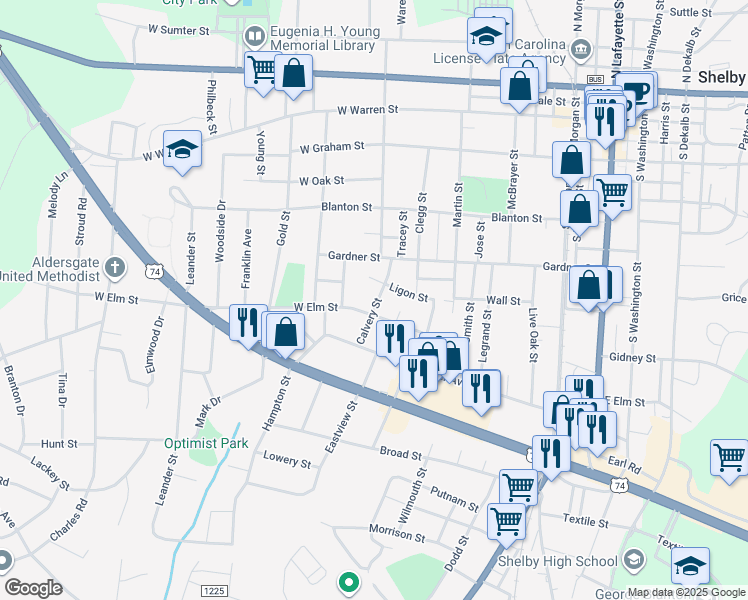 map of restaurants, bars, coffee shops, grocery stores, and more near 610 Calvery Street in Shelby