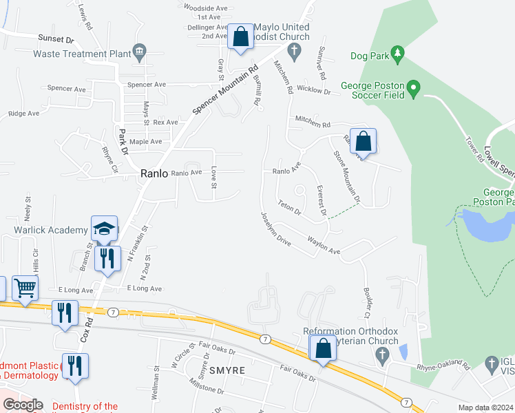 map of restaurants, bars, coffee shops, grocery stores, and more near 933 Joselynn Drive in Gastonia