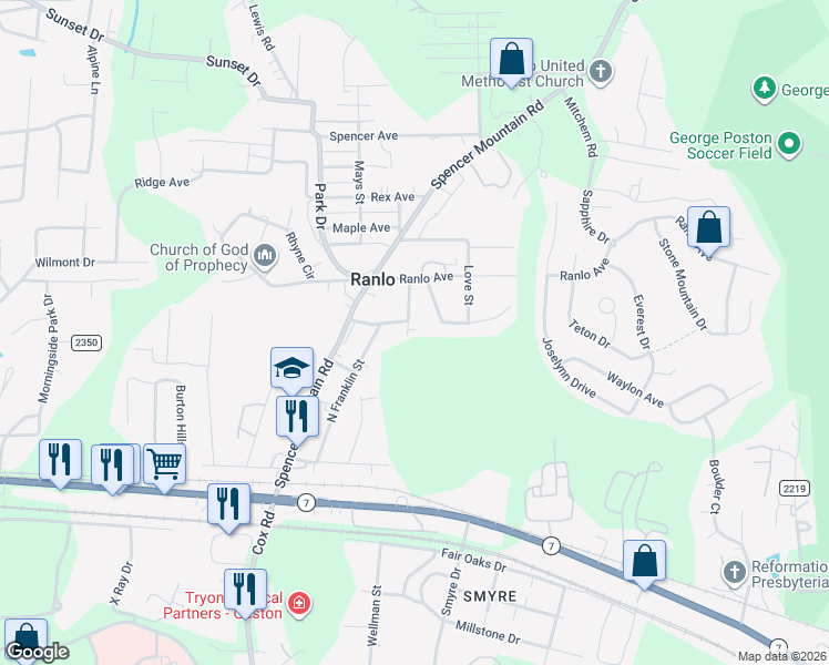 map of restaurants, bars, coffee shops, grocery stores, and more near 15 Rhyne Place in Gastonia