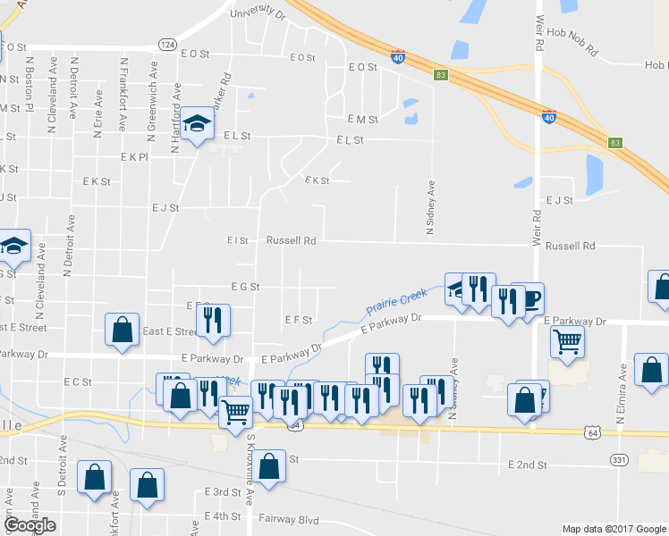 map of restaurants, bars, coffee shops, grocery stores, and more near 510 North Knoxville Avenue in Russellville