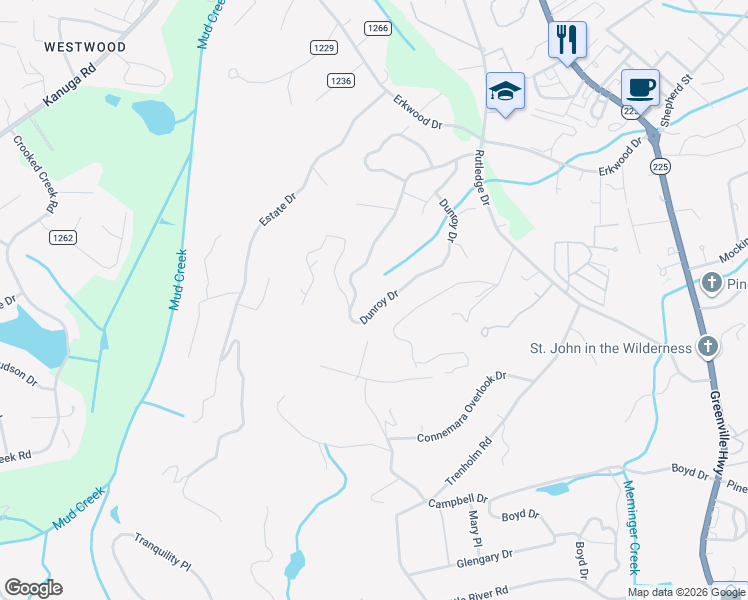 map of restaurants, bars, coffee shops, grocery stores, and more near 677 Dunroy Drive in Hendersonville
