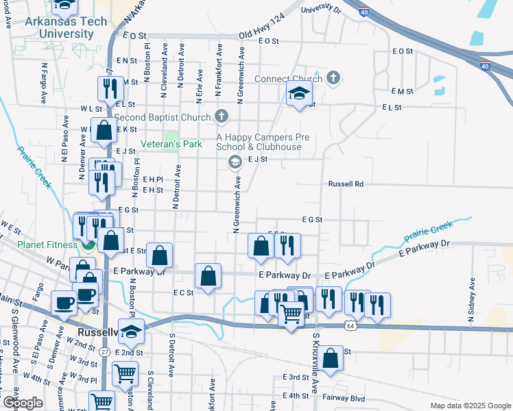 map of restaurants, bars, coffee shops, grocery stores, and more near 715 East G Street in Russellville