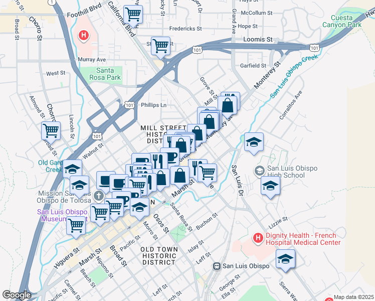 map of restaurants, bars, coffee shops, grocery stores, and more near 1308 Monterey Street in San Luis Obispo