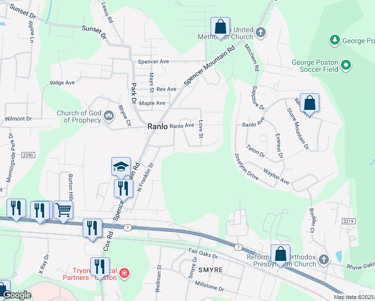 map of restaurants, bars, coffee shops, grocery stores, and more near 95 Crescent Avenue in Gastonia