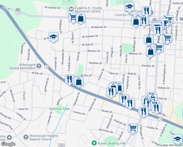 map of restaurants, bars, coffee shops, grocery stores, and more near 720 West Elm Street in Shelby
