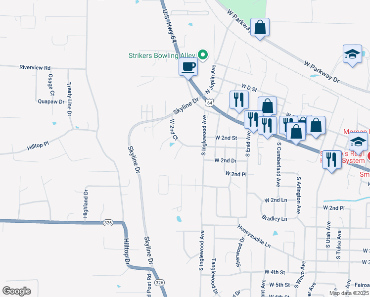 map of restaurants, bars, coffee shops, grocery stores, and more near 6 South Joplin Loop in Russellville