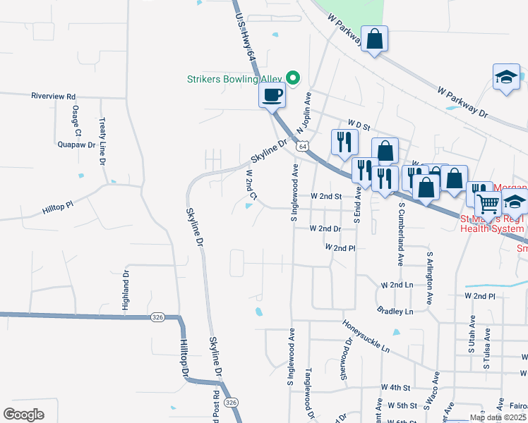map of restaurants, bars, coffee shops, grocery stores, and more near 6 South Joplin Loop in Russellville