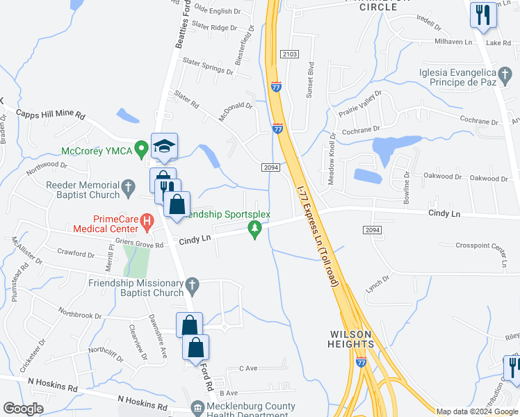 map of restaurants, bars, coffee shops, grocery stores, and more near 2142 Cindy Creek Lane in Charlotte