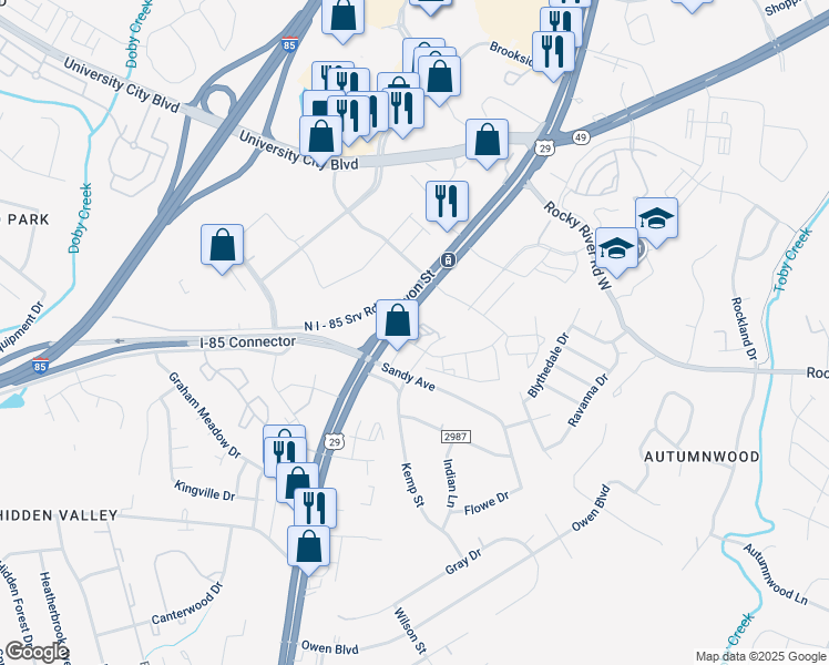 map of restaurants, bars, coffee shops, grocery stores, and more near Mosby Crossing Drive in Charlotte