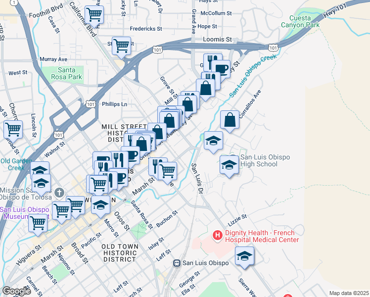 map of restaurants, bars, coffee shops, grocery stores, and more near 1426 Marsh Street in San Luis Obispo
