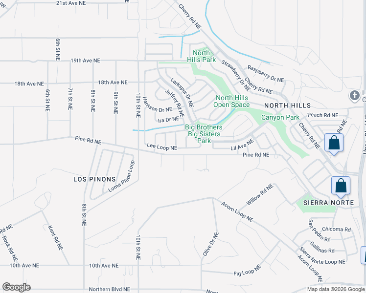 map of restaurants, bars, coffee shops, grocery stores, and more near 1629 Jane Place Northeast in Rio Rancho