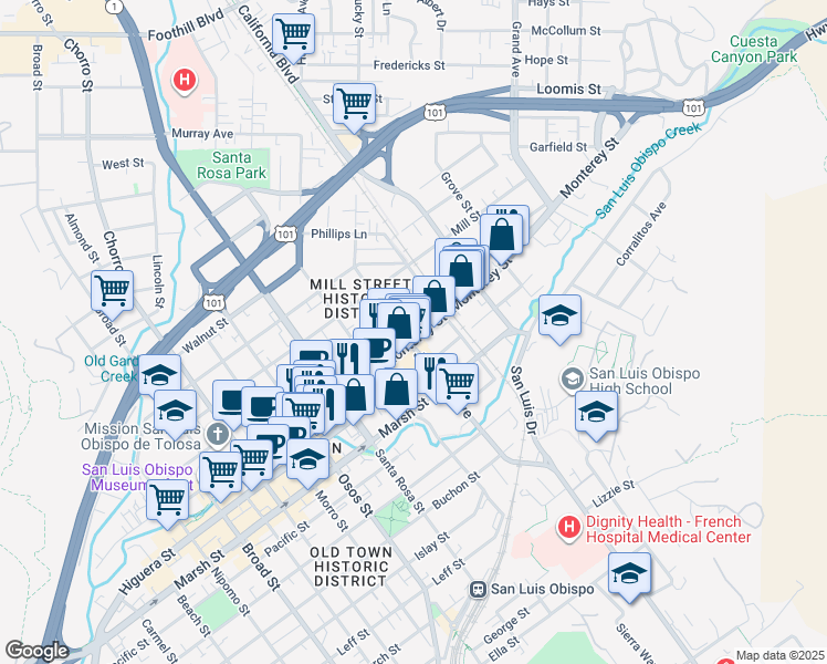 map of restaurants, bars, coffee shops, grocery stores, and more near 1308 Monterey Street in San Luis Obispo