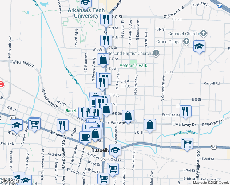 map of restaurants, bars, coffee shops, grocery stores, and more near 119 East G Street in Russellville