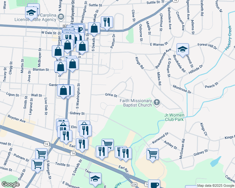 map of restaurants, bars, coffee shops, grocery stores, and more near 516 West Circle Drive in Shelby