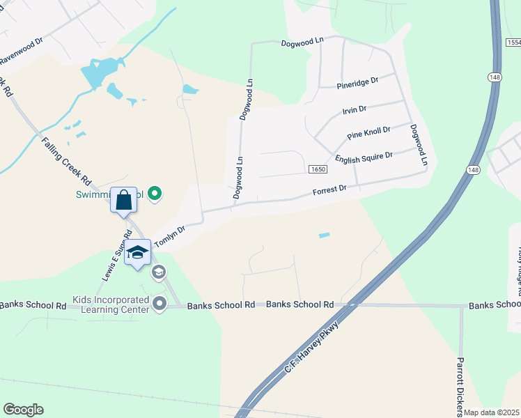 map of restaurants, bars, coffee shops, grocery stores, and more near 2709 Forrest Drive in Kinston