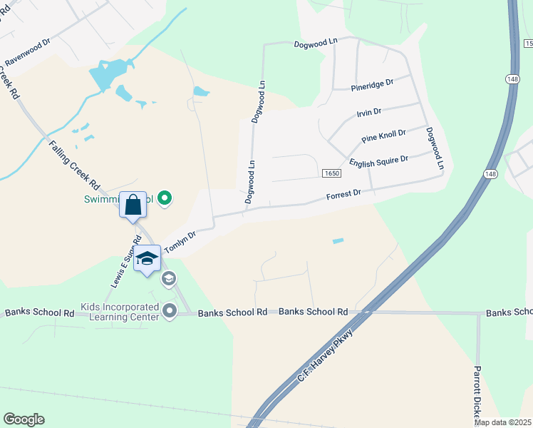 map of restaurants, bars, coffee shops, grocery stores, and more near 2709 Forrest Drive in Kinston
