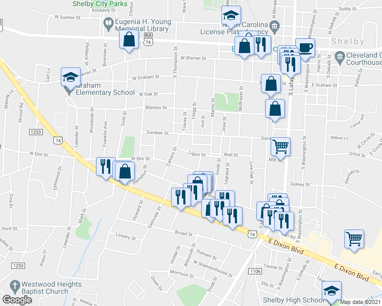 map of restaurants, bars, coffee shops, grocery stores, and more near 519 Ligon Street in Shelby