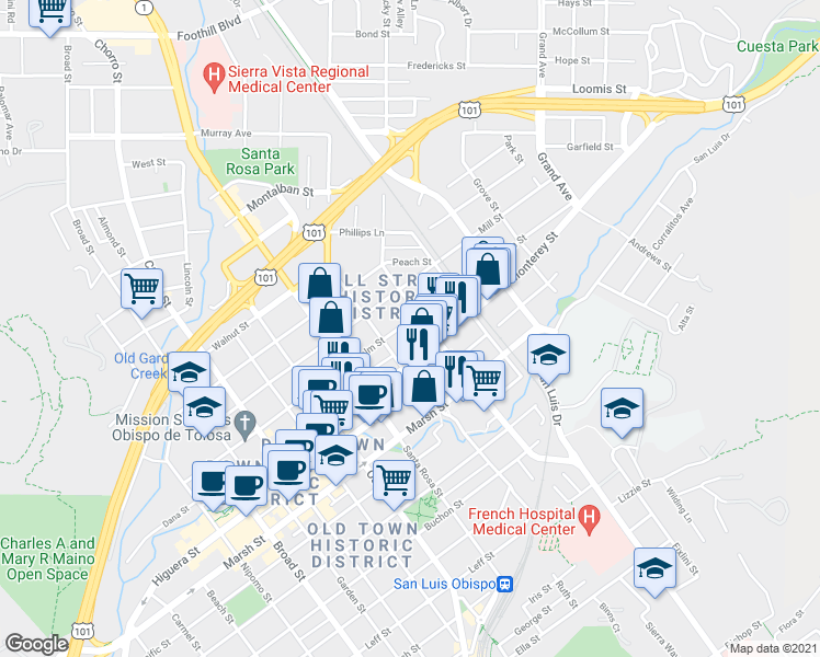 map of restaurants, bars, coffee shops, grocery stores, and more near 1235 Palm Street in San Luis Obispo