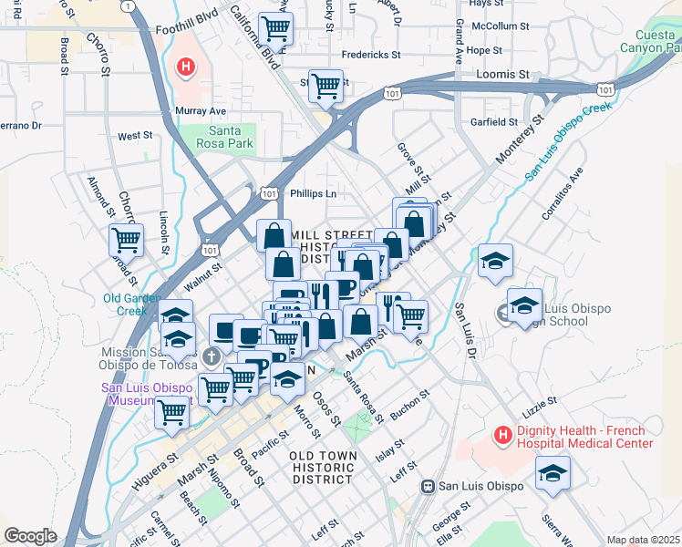 map of restaurants, bars, coffee shops, grocery stores, and more near 1235 Palm Street in San Luis Obispo