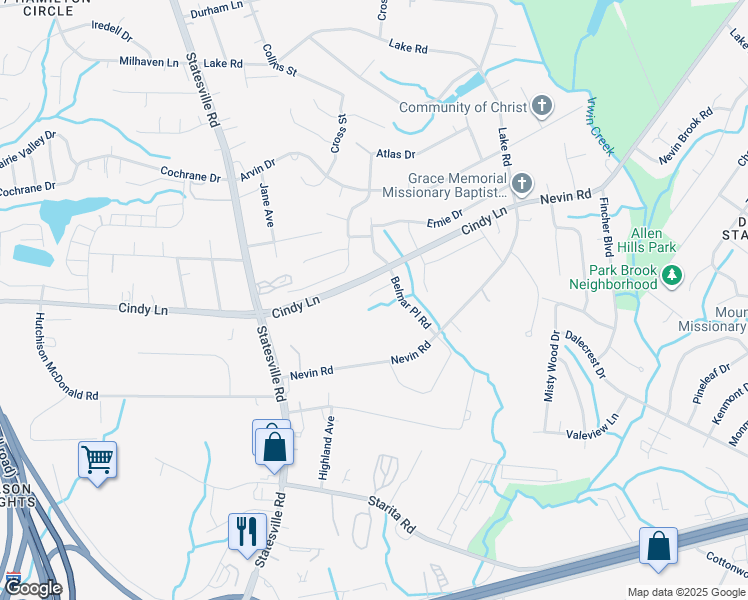 map of restaurants, bars, coffee shops, grocery stores, and more near 2435 Cairns Mill Court in Charlotte