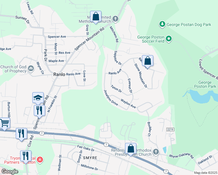 map of restaurants, bars, coffee shops, grocery stores, and more near 3052 Teton Drive in Gastonia