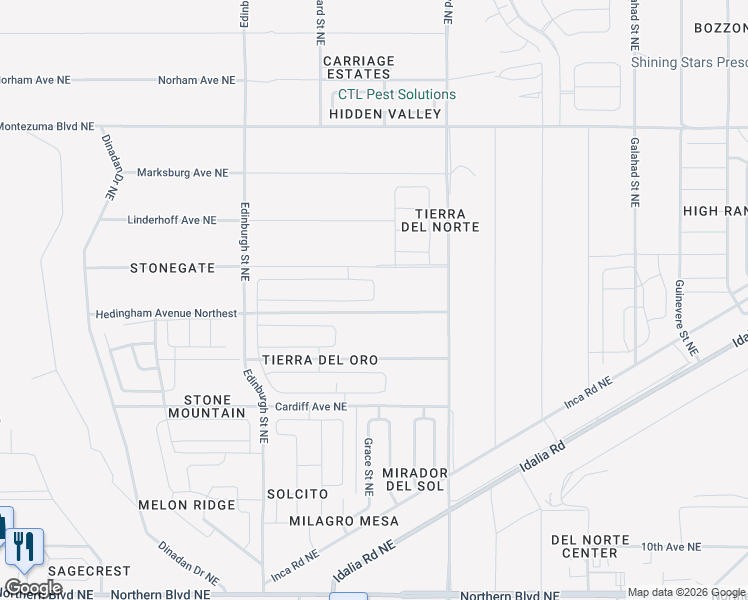 map of restaurants, bars, coffee shops, grocery stores, and more near Hedingham Avenue Northest in Rio Rancho