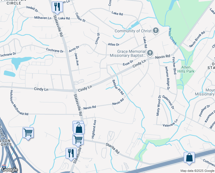 map of restaurants, bars, coffee shops, grocery stores, and more near 2435 Cairns Mill Court in Charlotte