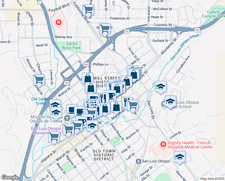map of restaurants, bars, coffee shops, grocery stores, and more near 1249 Palm Street in San Luis Obispo