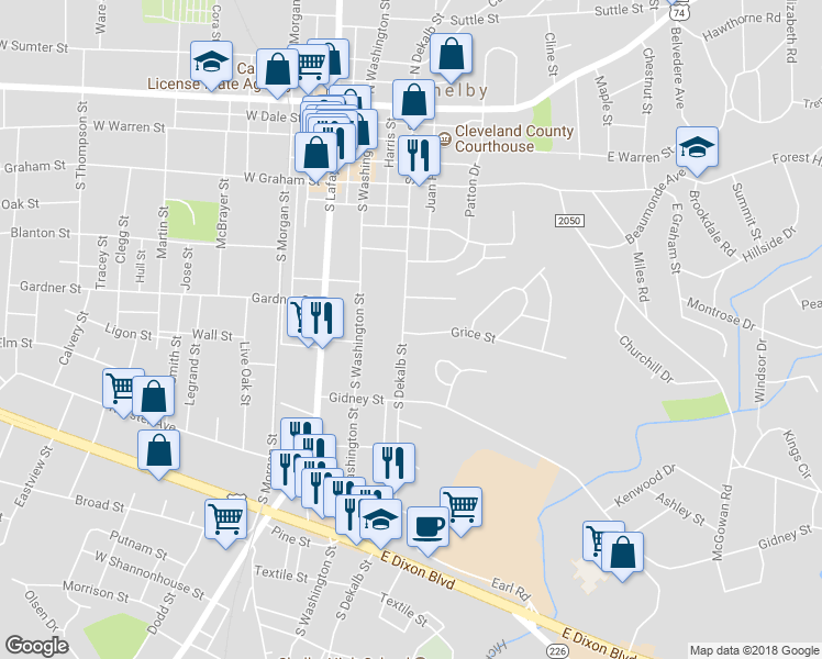 map of restaurants, bars, coffee shops, grocery stores, and more near 525 South Dekalb Street in Shelby