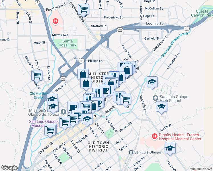 map of restaurants, bars, coffee shops, grocery stores, and more near 1235 Palm Street in San Luis Obispo