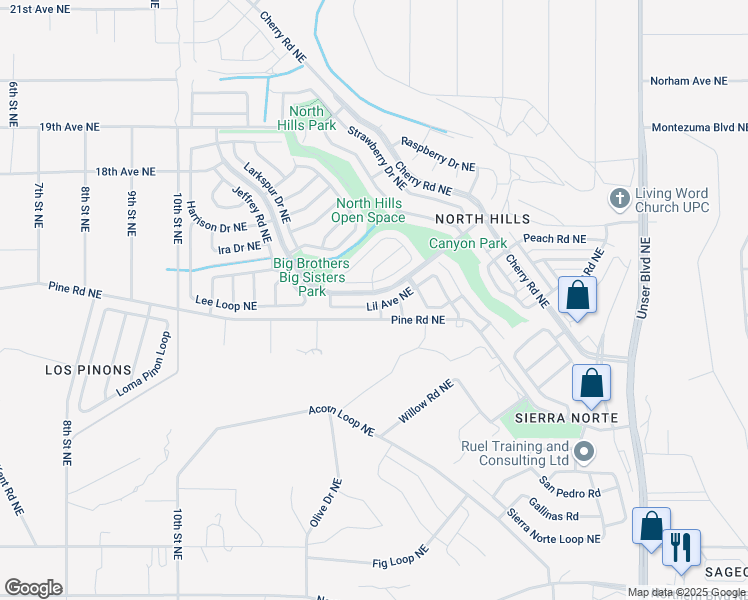 map of restaurants, bars, coffee shops, grocery stores, and more near 1373 Lil Avenue Northeast in Rio Rancho
