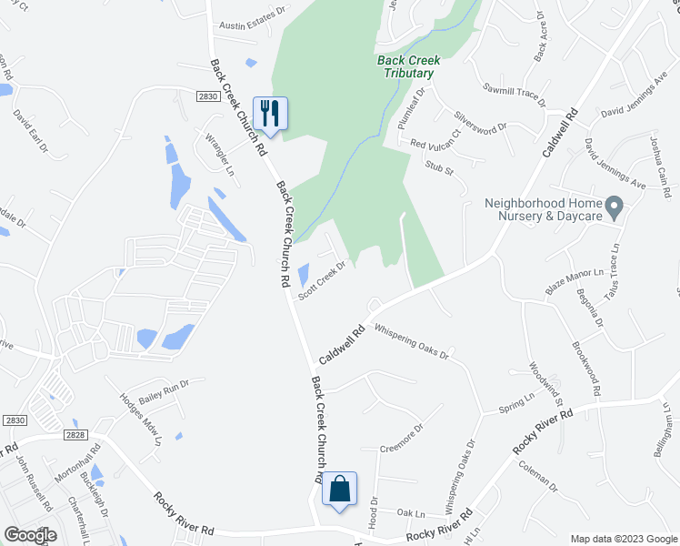 map of restaurants, bars, coffee shops, grocery stores, and more near 12322 Scott Creek Drive in Charlotte