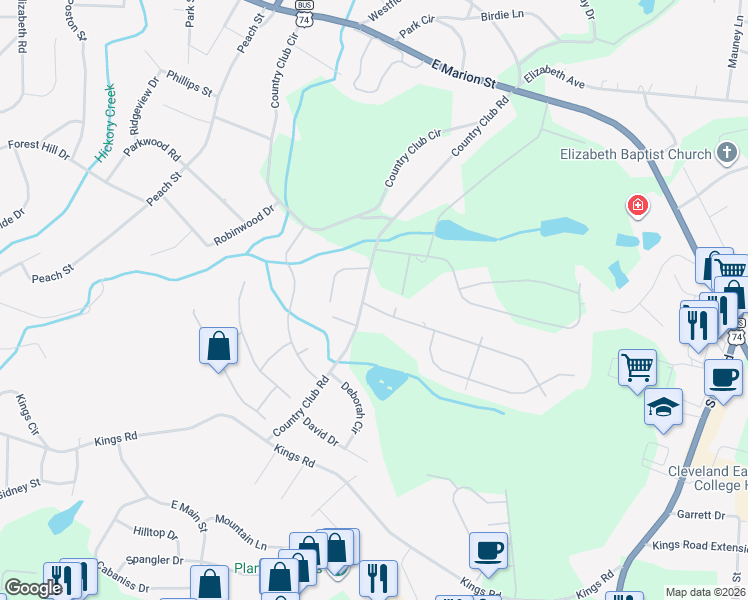 map of restaurants, bars, coffee shops, grocery stores, and more near 1703 Country Garden Drive in Shelby