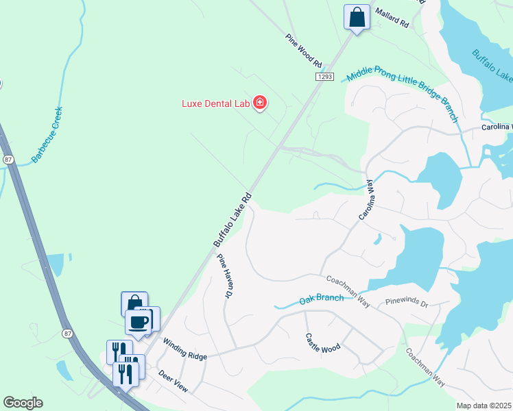 map of restaurants, bars, coffee shops, grocery stores, and more near 29 Coachman Way in Sanford