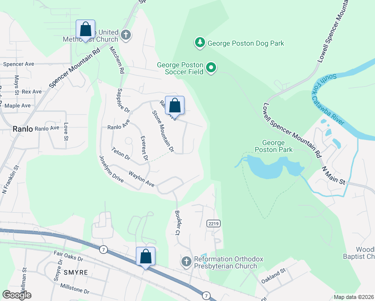 map of restaurants, bars, coffee shops, grocery stores, and more near 4513 Stone Mountain Drive in Gastonia
