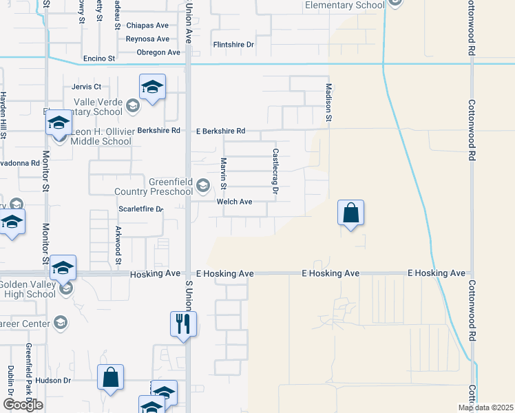 map of restaurants, bars, coffee shops, grocery stores, and more near 7803 Rose Bay Court in Bakersfield