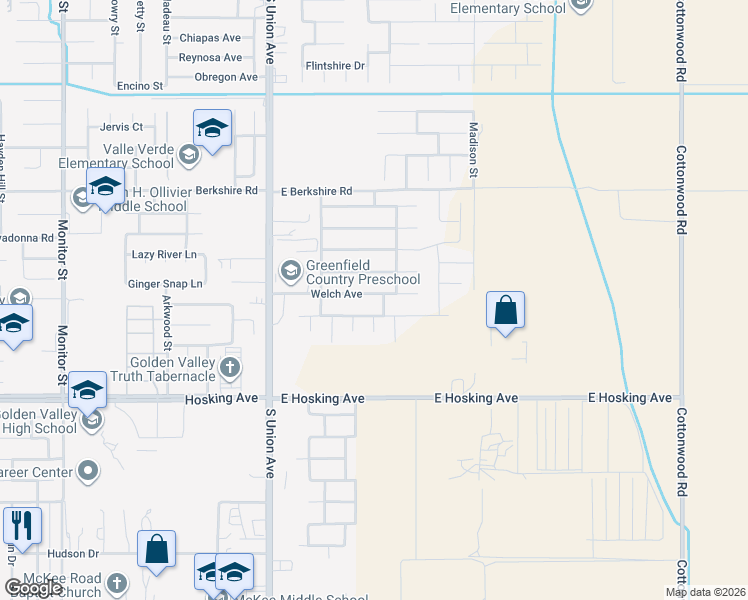 map of restaurants, bars, coffee shops, grocery stores, and more near 501 Welch Avenue in Bakersfield