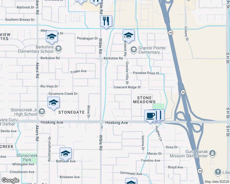 map of restaurants, bars, coffee shops, grocery stores, and more near 3100 Willow Basin Lane in Bakersfield