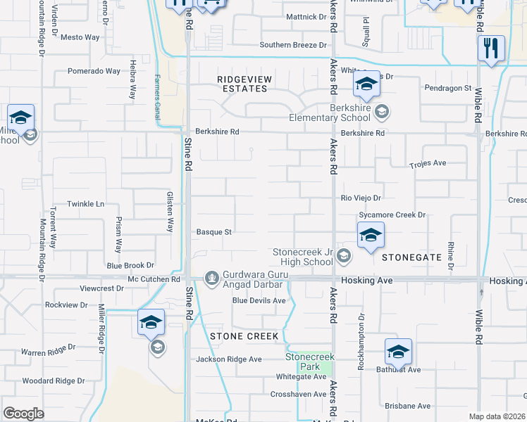 map of restaurants, bars, coffee shops, grocery stores, and more near 4409 Rock Lake Drive in Bakersfield