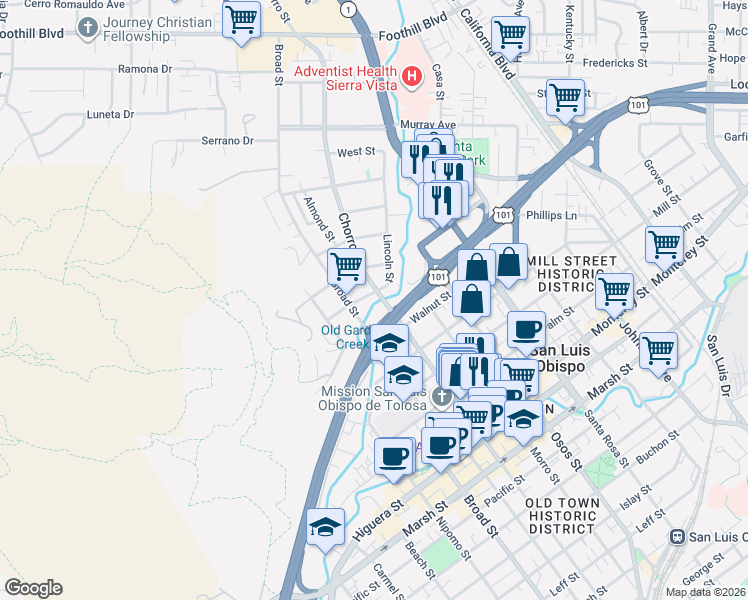 map of restaurants, bars, coffee shops, grocery stores, and more near 555 Chorro Street in San Luis Obispo