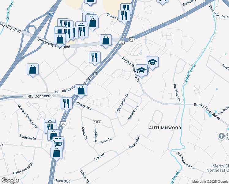 map of restaurants, bars, coffee shops, grocery stores, and more near 6603 Blythedale Dr in Charlotte