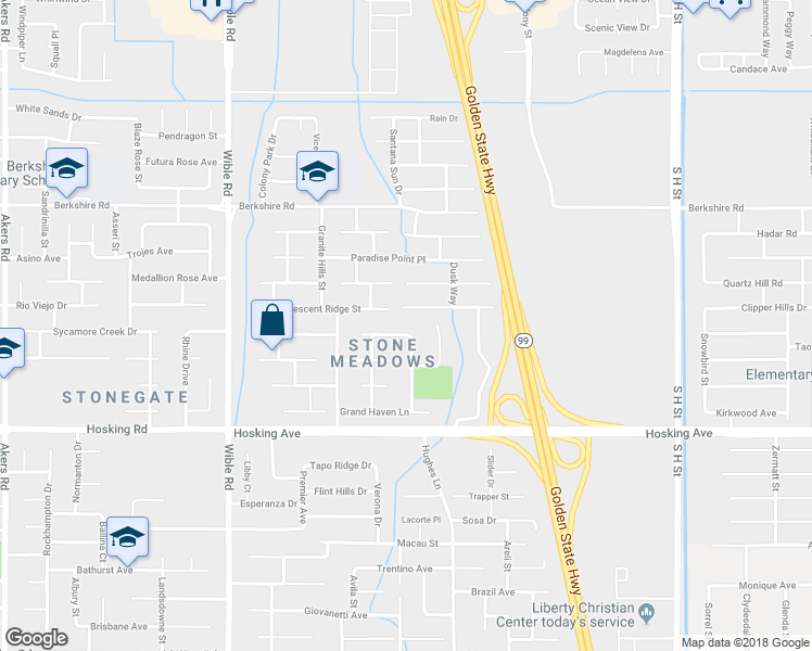map of restaurants, bars, coffee shops, grocery stores, and more near 2610 Rising Mist Lane in Bakersfield