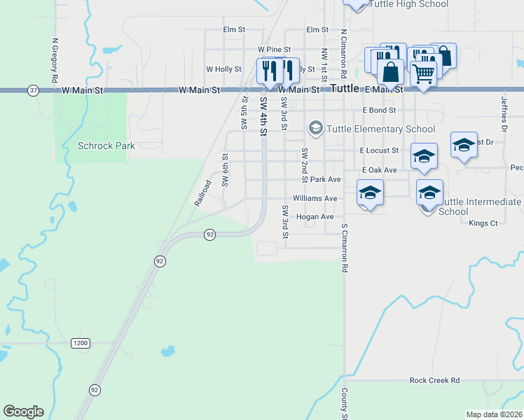 map of restaurants, bars, coffee shops, grocery stores, and more near 705 Southwest 4th Street in Tuttle