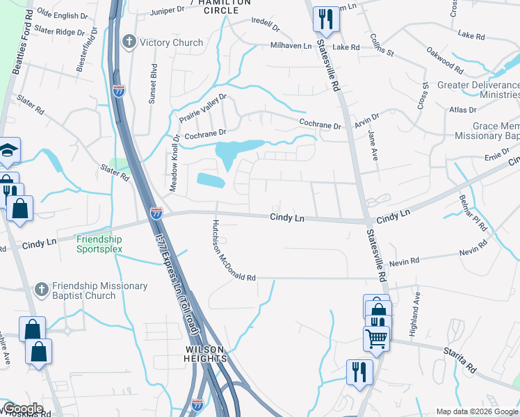 map of restaurants, bars, coffee shops, grocery stores, and more near 2905 Cindy Lane in Charlotte