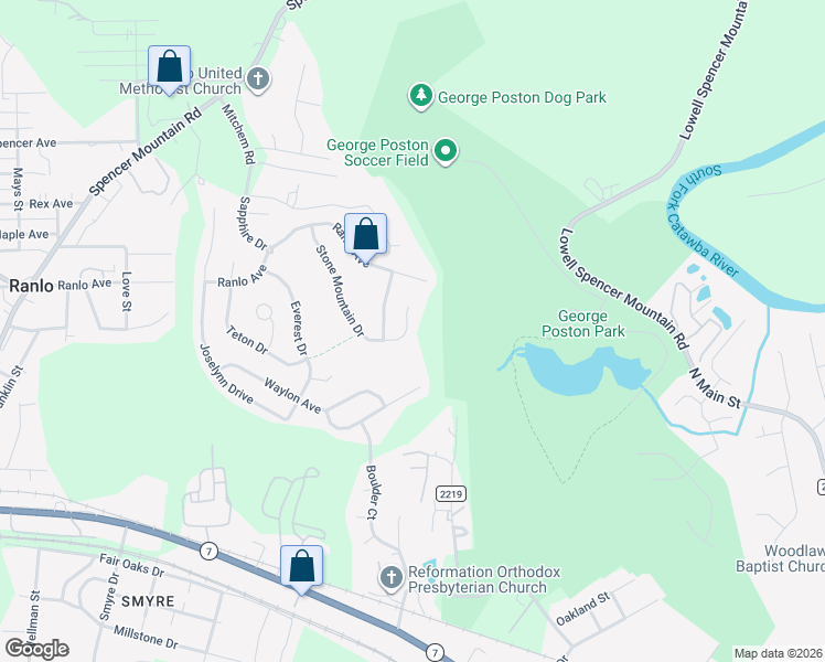 map of restaurants, bars, coffee shops, grocery stores, and more near 4528 Stone Mountain Drive in Gastonia