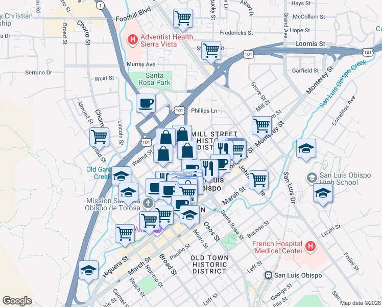 map of restaurants, bars, coffee shops, grocery stores, and more near 1126 Mill Street in San Luis Obispo